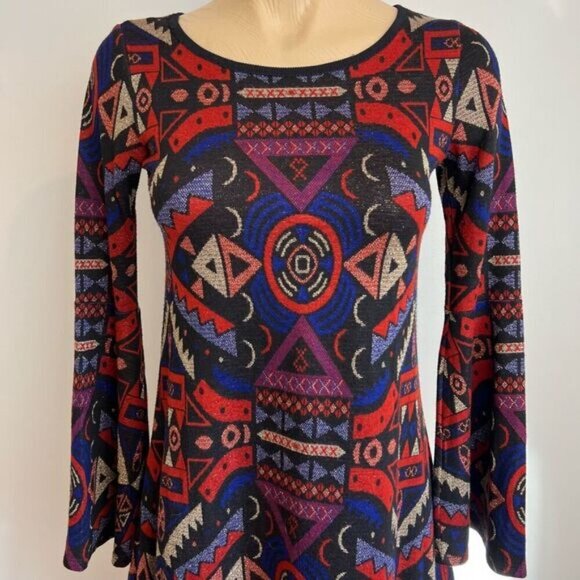 Nadya Toto Women’s Small Viscose Geometric Tunic Top Long Sleeve Shirt 70s Gogo - Picture 3 of 12